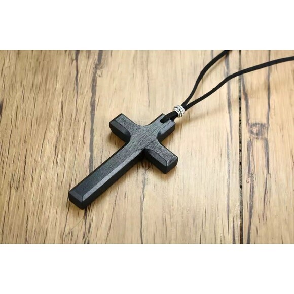 Handmade Black Wooden Cross Necklace on Cord for Men, Women & Children - Picture 1 of 6